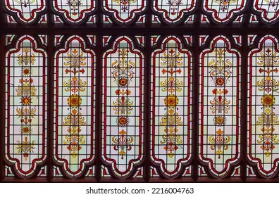 Vintage stained glass ceiling window. Beautiful design and colors. - Shutterstock ID 2216004763