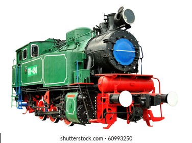 Vintage Steam Train 1935-1957. Green, Red, Black Isolated Over White Background