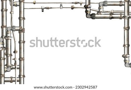 Vintage steampunk decoration with pipes. Retro pipelines and pipe elbow. Industrial backdrop with old pipeline. Oil, gas or steam pipeline with fittings and valves. Isolated on white background