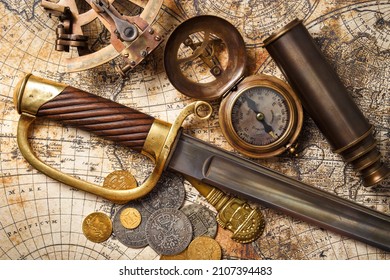 Vintage Still Life With Compass, Sextant, Spyglass, Saber. Pirates Gold Coins Treasure.