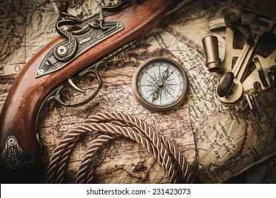 vintage  still life with compass,sextant and old map. map of the 1570. Author: Abraham Ortelius (1527-1598) 