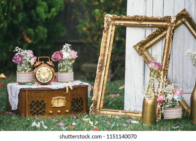 Vintage still life decoration for wedding reception. Marriage and love concept in retro style. Bridal arrangement.