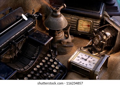 Vintage still life with old camera,radio and typewriter