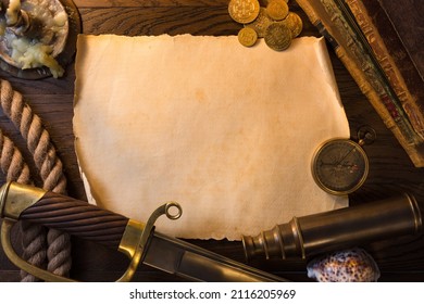 Vintage Still Life With Old Paper Scroll, Spyglass, Books, Saber. The Concept Of Adventure And Treasure Hunting. 