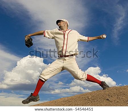 Vintage style baseball pitcher throws ball. Square shot.