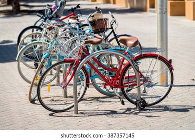 Vintage Style Bicycles Parked In A Row Near Manly Beach, Australia