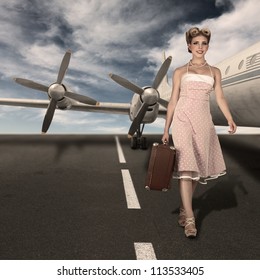 Vintage Style Classic Stewardess Portrait Walking At Runway Against Old Airliner