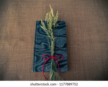 Vintage Style. Closed Antique Book With Dry Grass And Red Thread With Burlap Background