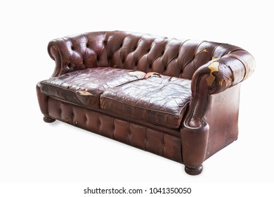 Vintage Style . Defective Old Leather Sofa On White Background