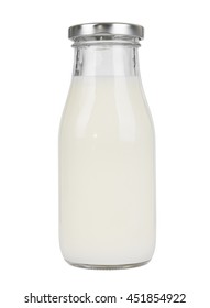 A Vintage Style Glass Bottle Of Milk Isolated On A White Background