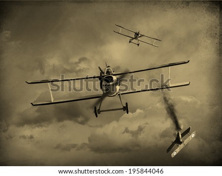 Vintage style image of a World War One fighter aircraft having a dogfight. One airplane was shot down. (Artist impression)