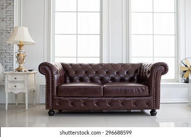 vintage style of interior decoration the leather sofa in white room