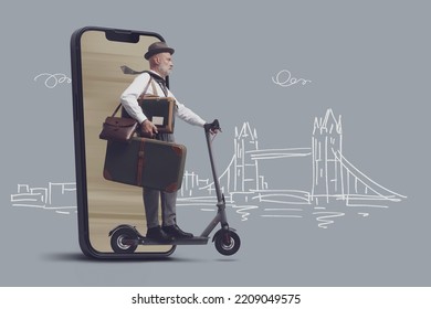 Vintage Style International Traveler And Tourist Riding An E-scooter, He Is Coming Out From A Smartphone Screen, Travel Destination Sketch In The Background