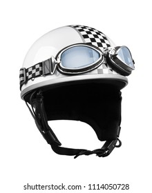 Vintage Style Motorbike Helmet With Glasses Isolated On White