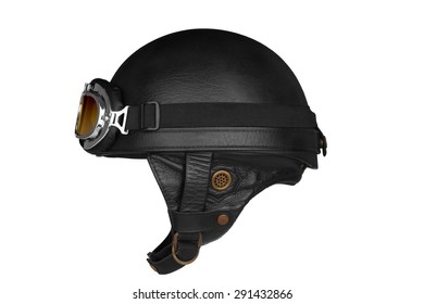 Vintage Style Motorbike Helmet With Glasses Isolated On White