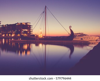 Vintage Style: The Oseberg Viking Ship In The Fjord, Tonsberg, Norway.