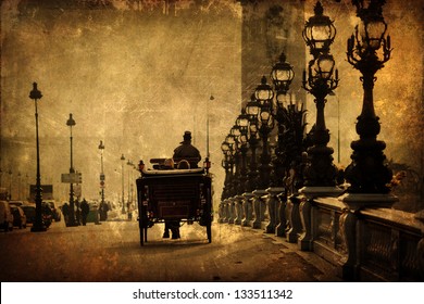 Vintage Style Picture Of An Old Horse-drawn Carriage On The Bridge Pont Alexandre III In Paris