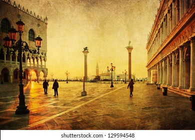 vintage style picture of the St. Mark's Square in Venice with silhouettes of people