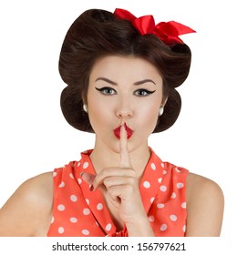 Vintage Style Portrait Of Woman With Finger On Her Lips