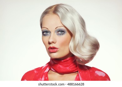 Vintage Style Portrait Of Young Beautiful Girl With Platinum Blond Bleached Hair And Thin Eyebrows 