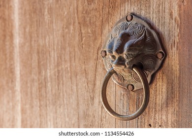 Vintage style retro bronze door handle or knocker lion with wooden door,Close up image