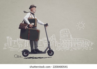 Vintage Style Traveler Riding An Electric Scooter, Rome Panorama Travel Destination Sketch In The Background