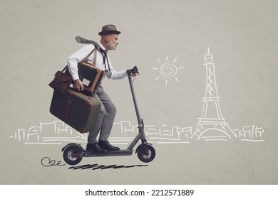 Vintage Style Traveler Riding An Electric Scooter, Paris Panorama Travel Destination Sketch In The Background