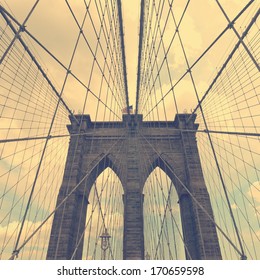 Vintage Stylized Closeup Photo Of Brooklyn Bridge, New York City