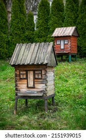 Vintage stylized wooden beehives in a mountain village Kamianna in Poland