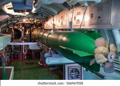 Vintage Submarine Torpedo Room With Torpedo Ready For Loading. WWII