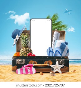 Vintage suitcase with beach accessories and big smartphone, mobile app and summer vacations concept