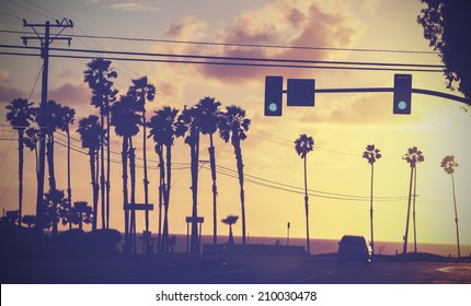 Vintage sunset picture of palms and poles on street against sun.