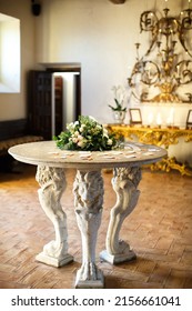 Vintage Table With Flowers And Cards For Wedding Party Guests