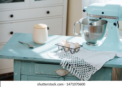 Vintage Table With A Food Processor, Eggs And Crockery For Making A Cake