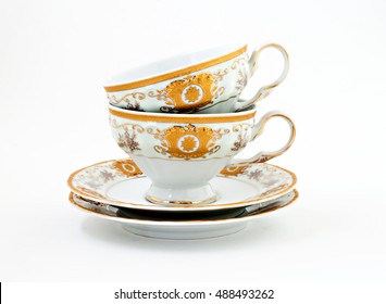 Vintage Tea Set With Gold Decor Isolated.
