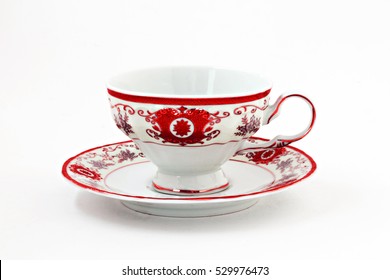 Vintage Tea Set With Gold Red Decor Isolated.