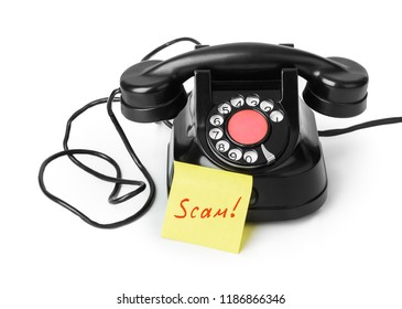 Vintage Telephone And Paper Scam Isolated On White Background