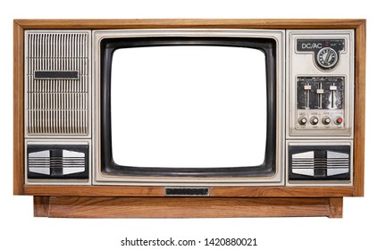 Vintage television - antique wooden box television with cut out frame screen isolate on white with clipping path for object, retro technology  - Shutterstock ID 1420880021