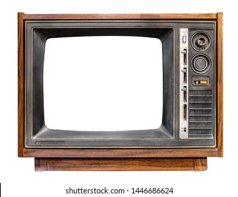 Vintage television - antique wooden box television with cut out frame screen isolate on white with clipping path for object, retro technology 