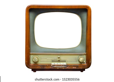 Vintage television with cut out screen for mock up isolated on white background. Retro tv with wooden case.