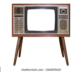 Vintage Television - Old TV With Frame Screen Isolate On White With Clipping Path For Object, Retro Technology 