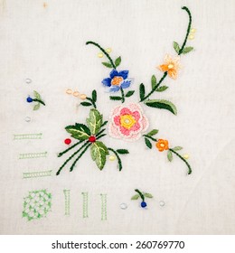 Vintage Texture Of A Handkerchief With Colorful, Floral Embroidery 