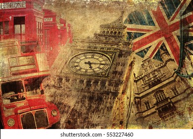 Vintage Textured Collage With Icons Of London