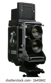 Vintage TLR medium format camera camera, three quarter view on white