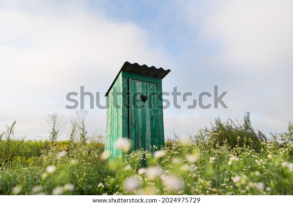 Vintage toilet. An\
outdoor rustic green toilet with a heart cut out on the door.\
Toilet in a field of\
flowers
