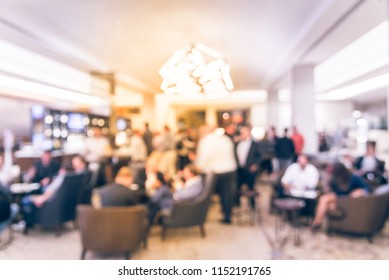 Vintage Tone Blurred Motion People Have Happy Hour, Casual Business Meeting At The Lobby Of Luxury Hotel In San Francisco, California, USA. Blurry Abstract Background Industry Networking Event