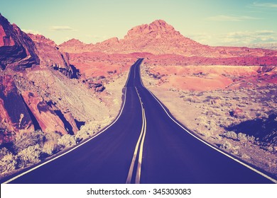 Vintage Toned Curved Desert Highway, Travel Concept, USA.