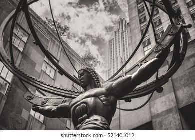 Vintage toned image of the Statue of Atlas in New York City's Fifth Avenue