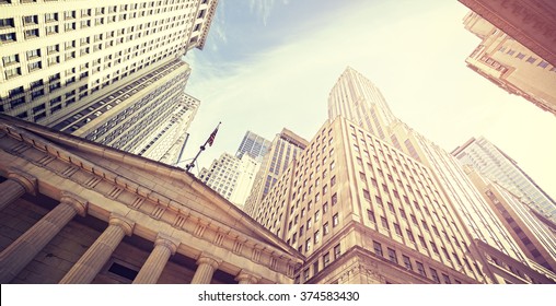 Vintage Toned Wall Street At Sunset, Manhattan, New York City, USA.