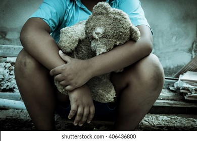 Vintage Tone,Sad Boy Sitting Alone With Old Teddy Bear